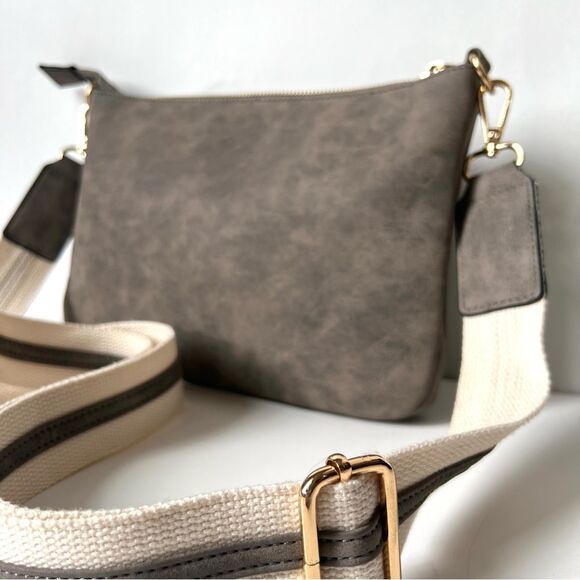 VR Nyc Zip Closure Webbing Strap Whipstitch Greige Crossbody Bag - Picture 6 of 16